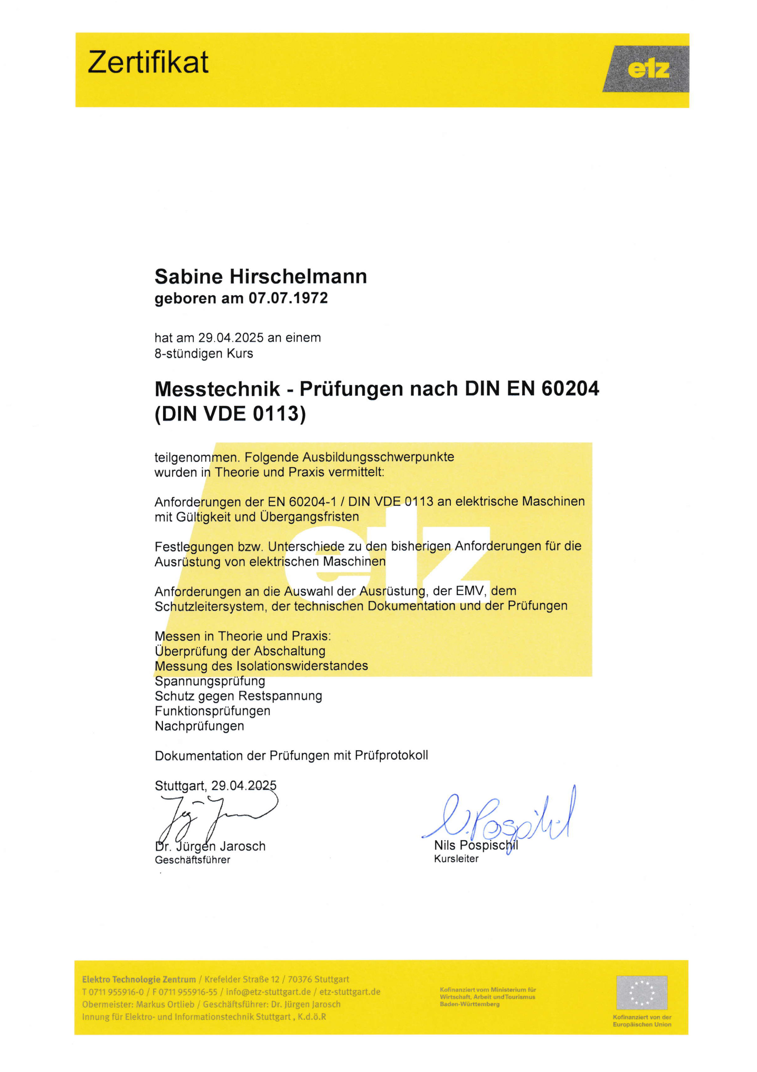 ETZ Messtechnik - Pr&uuml;fungen nach DIN EN 60204