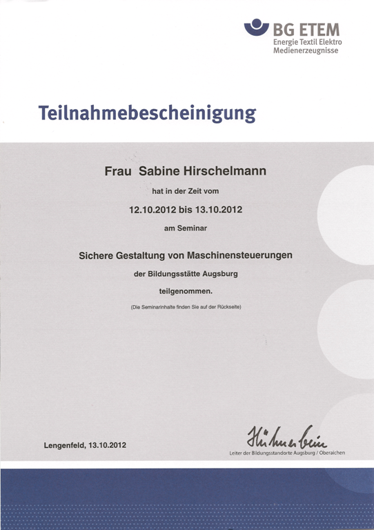 BG ETEM Seminar &ndash; Sichere Gestaltung von Maschinensteuerungen