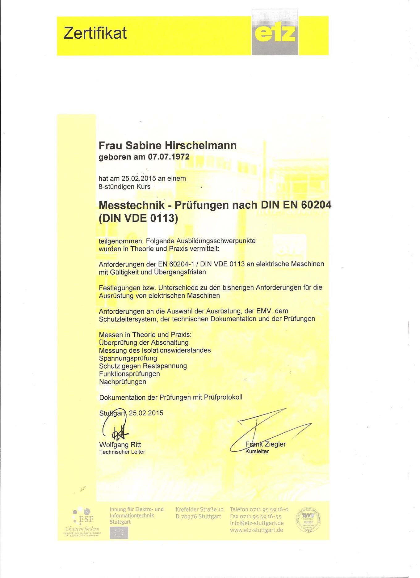 ETZ-Seminar &ndash; Pr&uuml;fungen nach DIN VDE 0113 / EN 60204